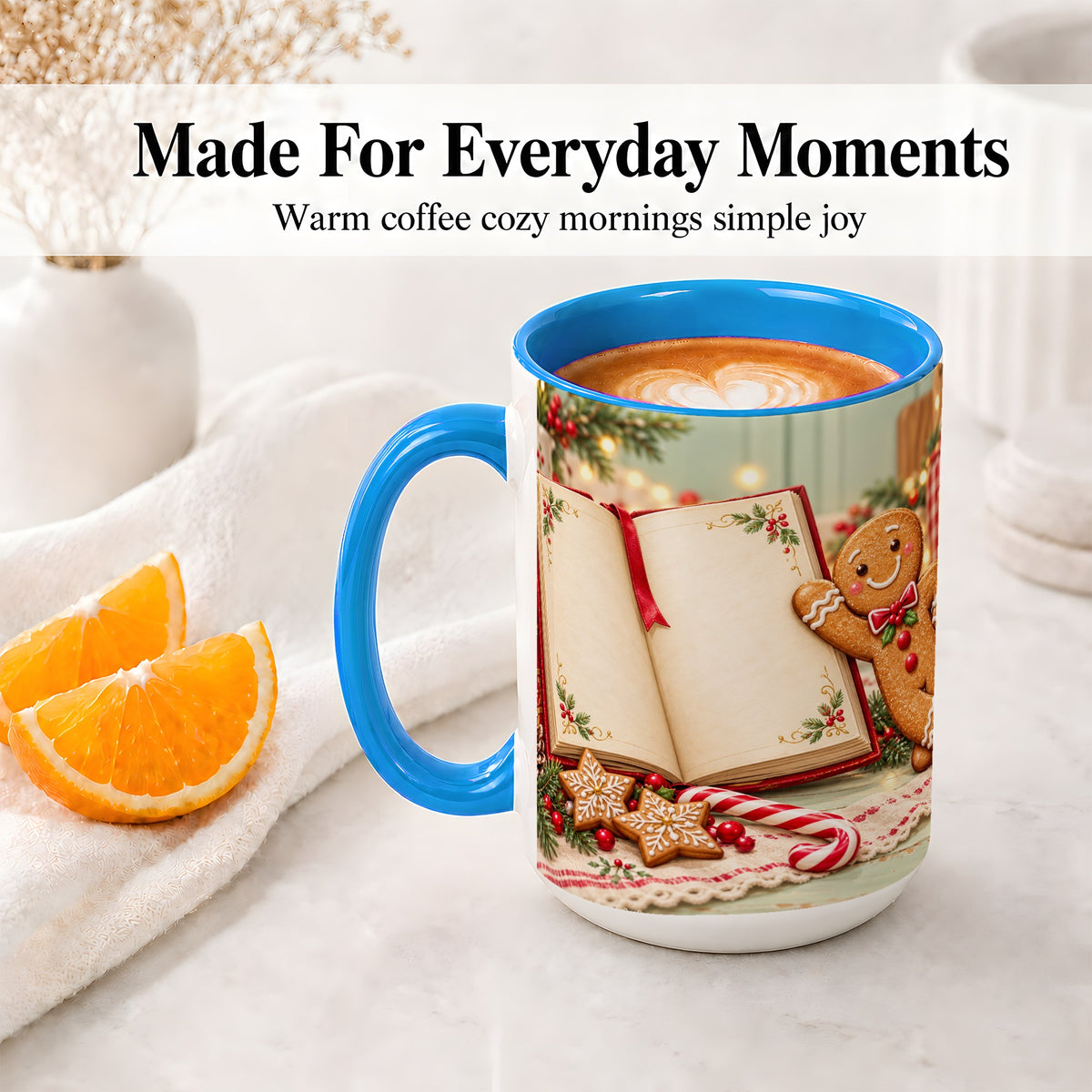 #pl[15oz|Blue] Reading Gingerbread Christmas Accent Ceramic Mug, Cozy Book Art