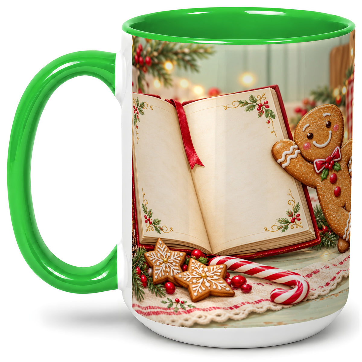 #pl[15oz|Green] Reading Gingerbread Christmas Accent Ceramic Mug, Cozy Book Art