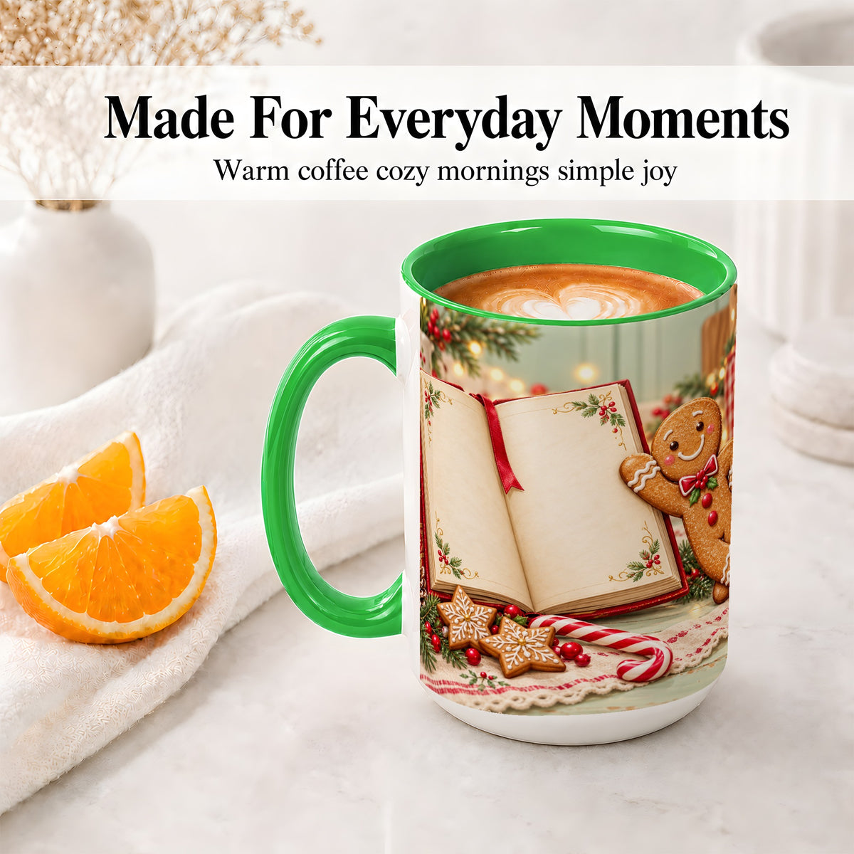 #pl[15oz|Green] Reading Gingerbread Christmas Accent Ceramic Mug, Cozy Book Art
