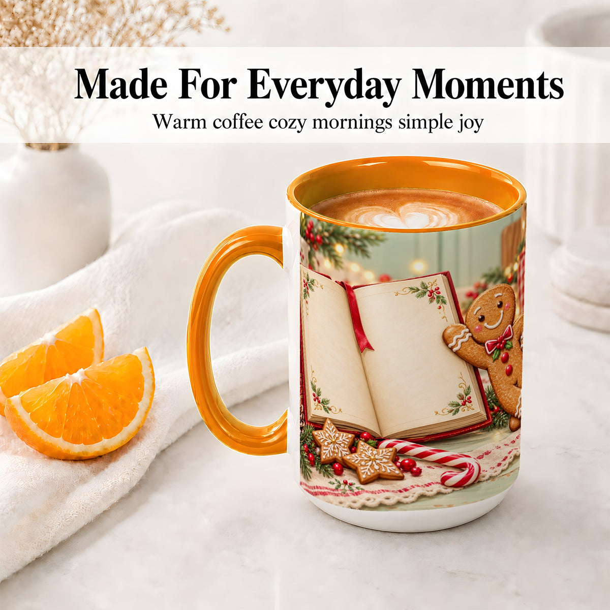 #pl[15oz|Orange] Reading Gingerbread Christmas Accent Ceramic Mug, Cozy Book Art