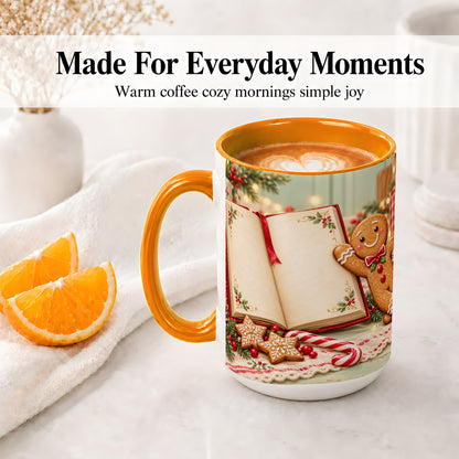 #pl[15oz|Orange] Reading Gingerbread Christmas Accent Ceramic Mug, Cozy Book Art