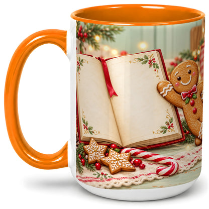 #pl[15oz|Orange] Reading Gingerbread Christmas Accent Ceramic Mug, Cozy Book Art