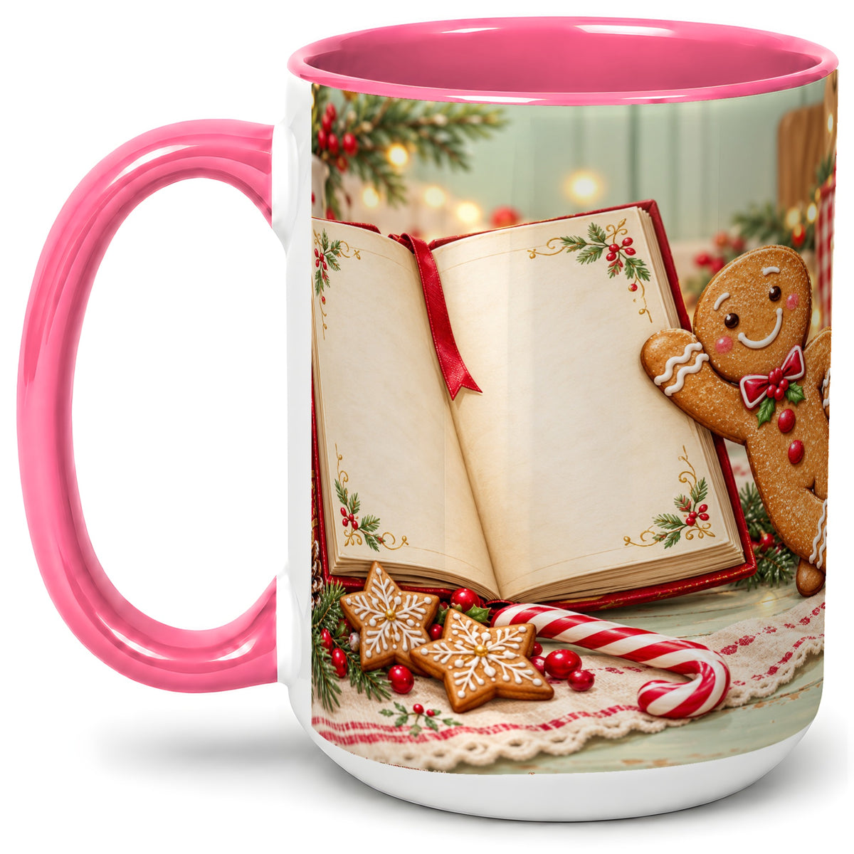 #pl[15oz|Pink] Reading Gingerbread Christmas Accent Ceramic Mug, Cozy Book Art