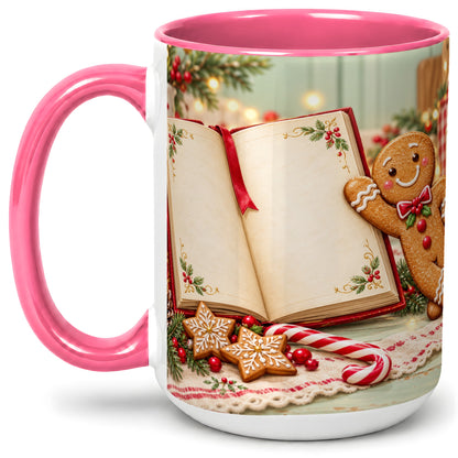 #pl[15oz|Pink] Reading Gingerbread Christmas Accent Ceramic Mug, Cozy Book Art