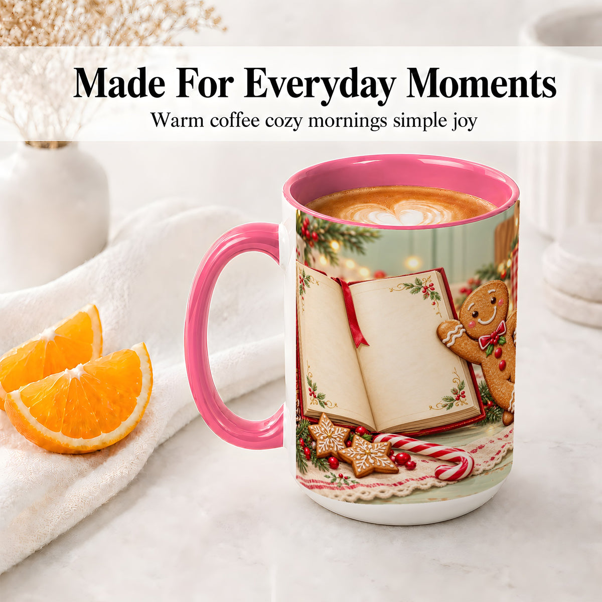 #pl[15oz|Pink] Reading Gingerbread Christmas Accent Ceramic Mug, Cozy Book Art