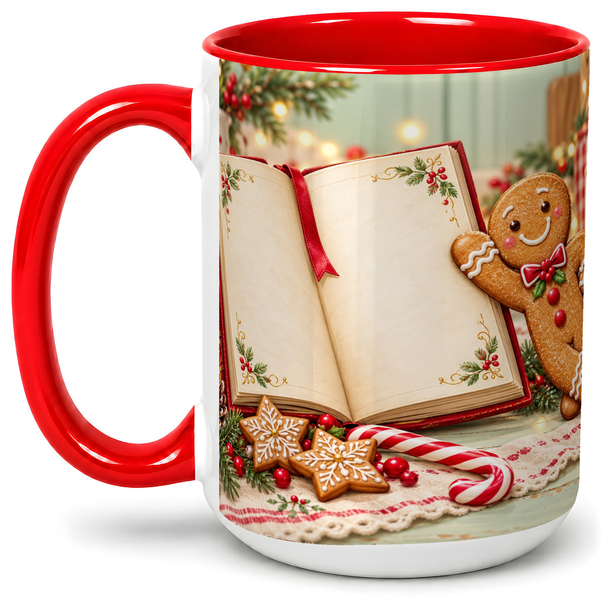 #pl[15oz|Red] Reading Gingerbread Christmas Accent Ceramic Mug, Cozy Book Art