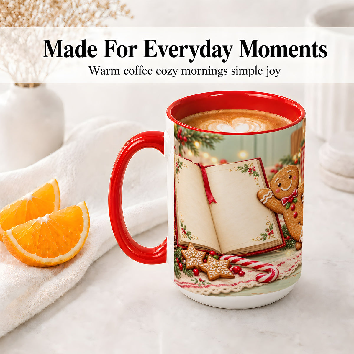 #pl[15oz|Red] Reading Gingerbread Christmas Accent Ceramic Mug, Cozy Book Art