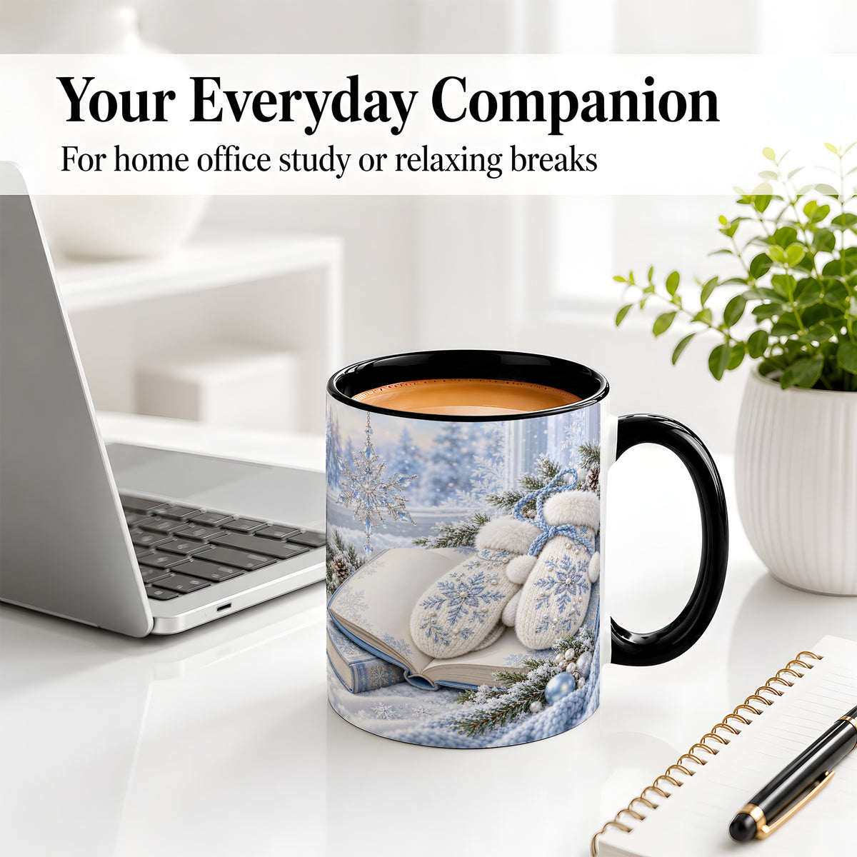 #pl[11oz|Black] Winter Snowflake Mittens Accent Ceramic Mug, Blue Book Art