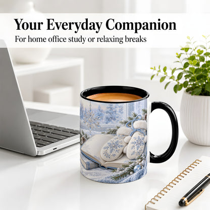 #pl[11oz|Black] Winter Snowflake Mittens Accent Ceramic Mug, Blue Book Art