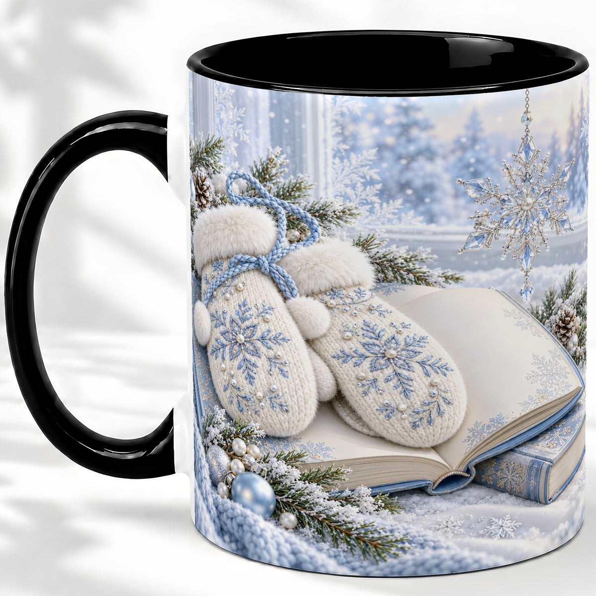 #pl[11oz|Black] Winter Snowflake Mittens Accent Ceramic Mug, Blue Book Art