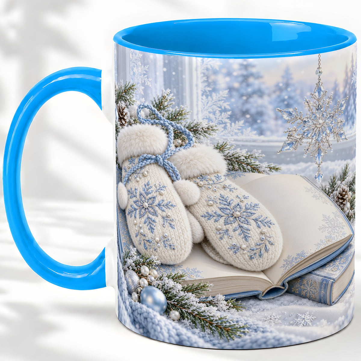 #pl[11oz|Blue] Winter Snowflake Mittens Accent Ceramic Mug, Blue Book Art