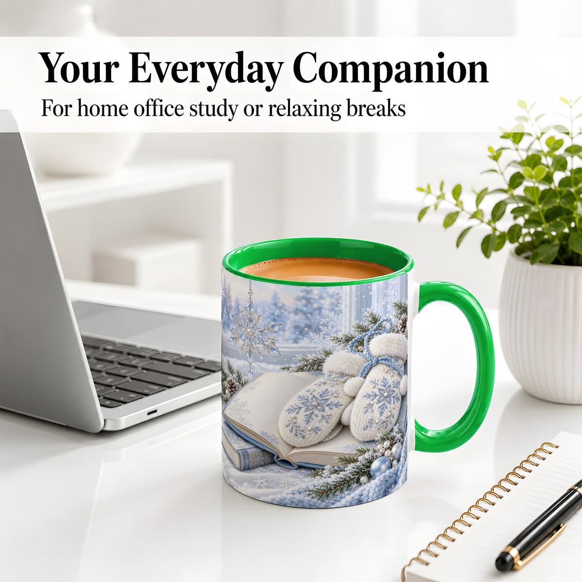 #pl[11oz|Green] Winter Snowflake Mittens Accent Ceramic Mug, Blue Book Art