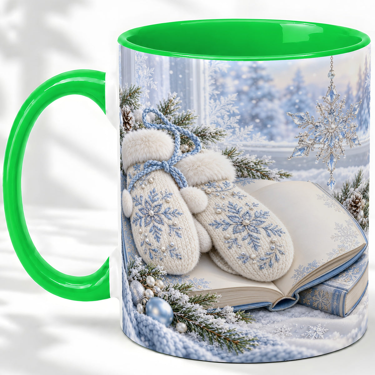 #pl[11oz|Green] Winter Snowflake Mittens Accent Ceramic Mug, Blue Book Art