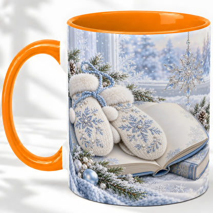 #pl[11oz|Orange] Winter Snowflake Mittens Accent Ceramic Mug, Blue Book Art