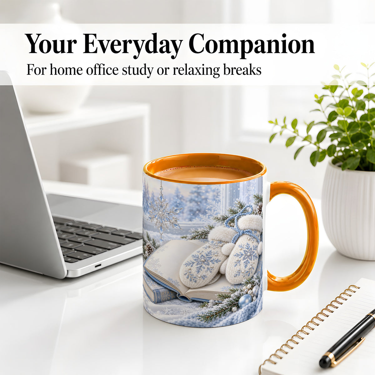 #pl[11oz|Orange] Winter Snowflake Mittens Accent Ceramic Mug, Blue Book Art