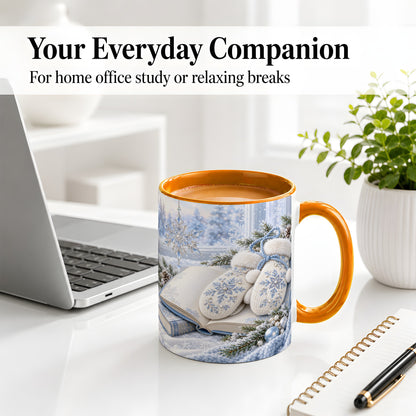 #pl[11oz|Orange] Winter Snowflake Mittens Accent Ceramic Mug, Blue Book Art