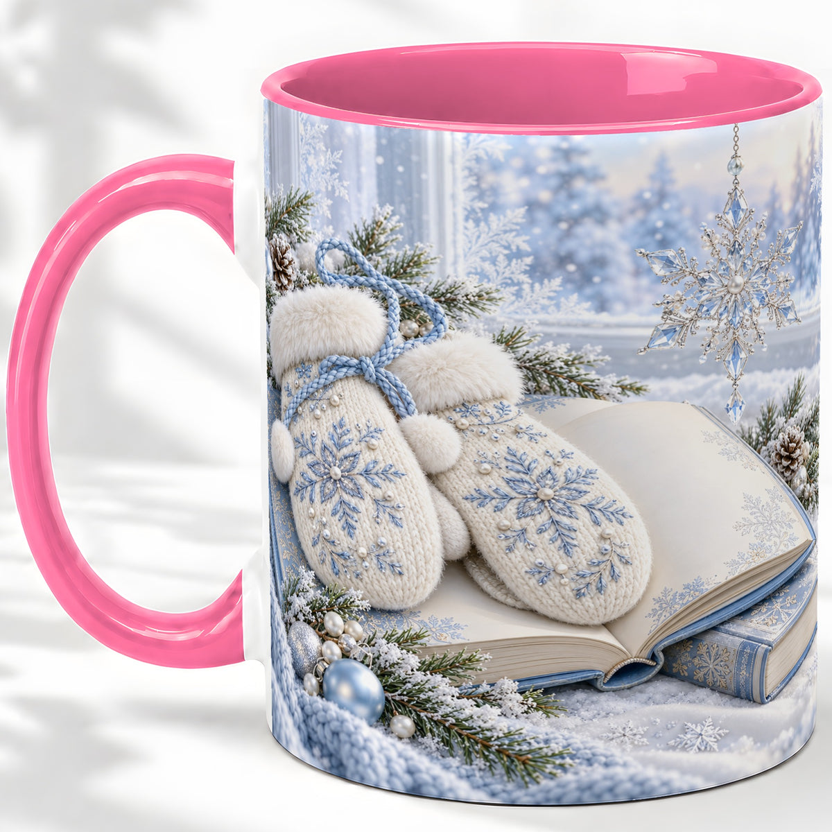 #pl[11oz|Pink] Winter Snowflake Mittens Accent Ceramic Mug, Blue Book Art