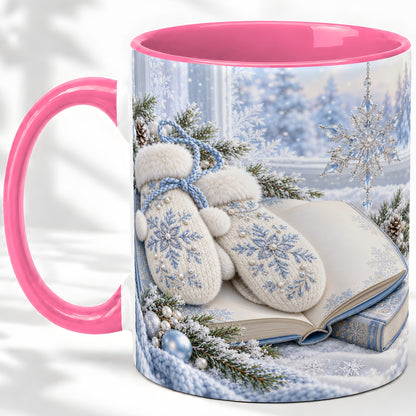 #pl[11oz|Pink] Winter Snowflake Mittens Accent Ceramic Mug, Blue Book Art