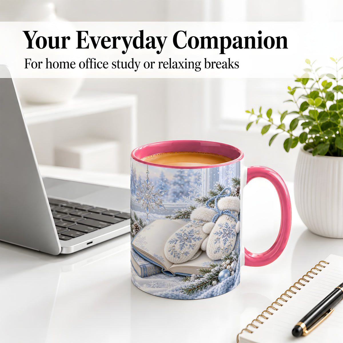 #pl[11oz|Pink] Winter Snowflake Mittens Accent Ceramic Mug, Blue Book Art