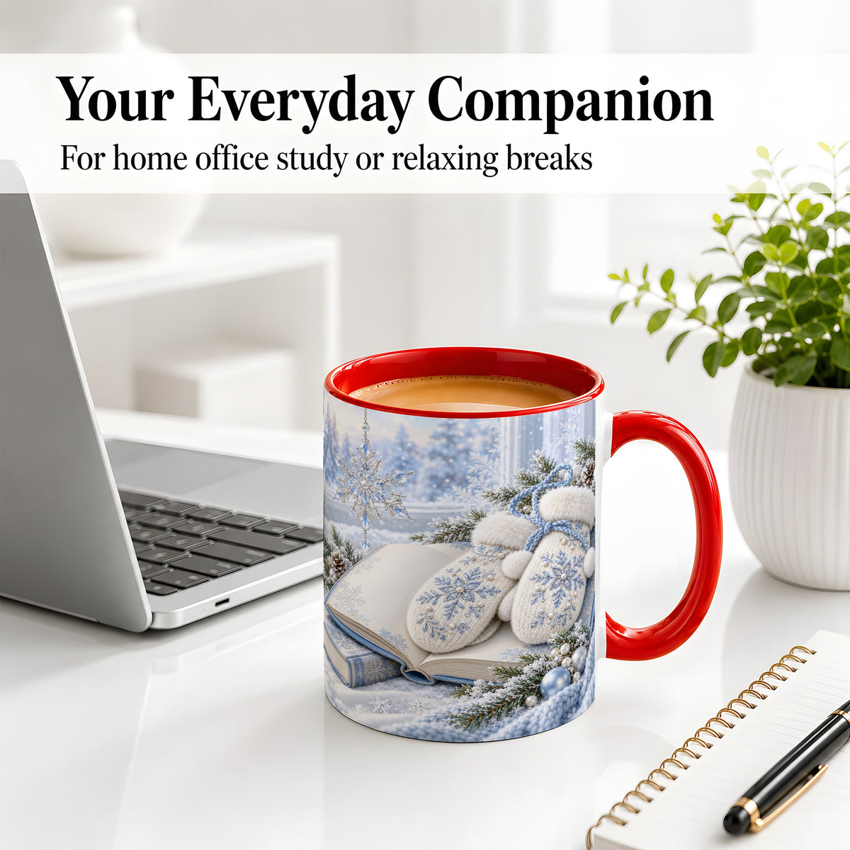 #pl[11oz|Red] Winter Snowflake Mittens Accent Ceramic Mug, Blue Book Art