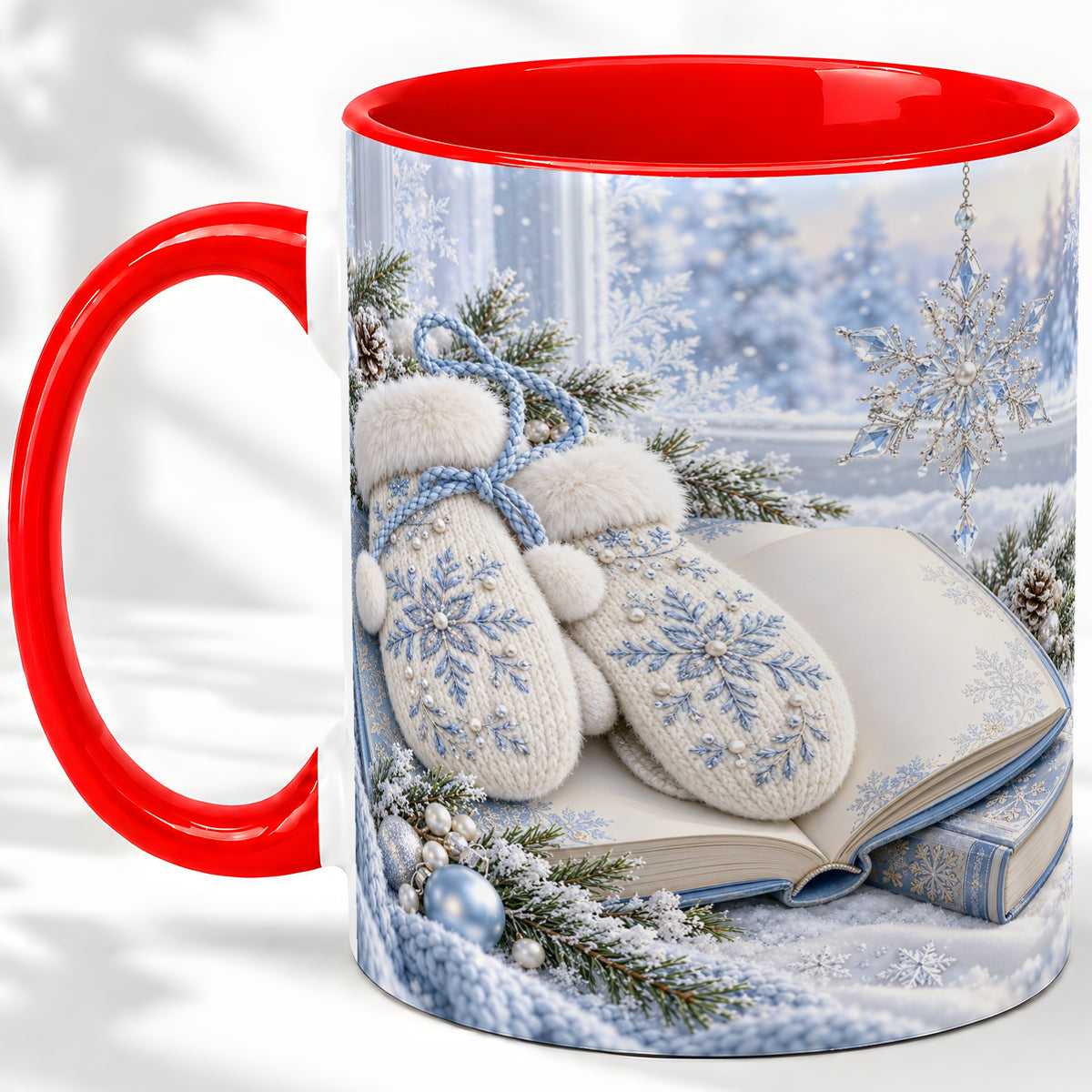 Winter Snowflake Mittens Accent Ceramic Mug, Blue Book Art