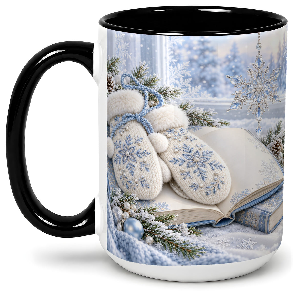 #pl[15oz|Black] Winter Snowflake Mittens Accent Ceramic Mug, Blue Book Art