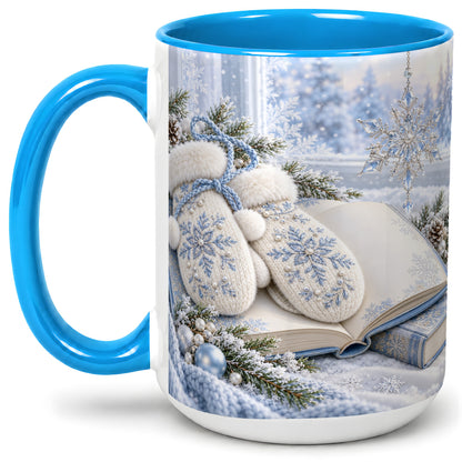 #pl[15oz|Blue] Winter Snowflake Mittens Accent Ceramic Mug, Blue Book Art
