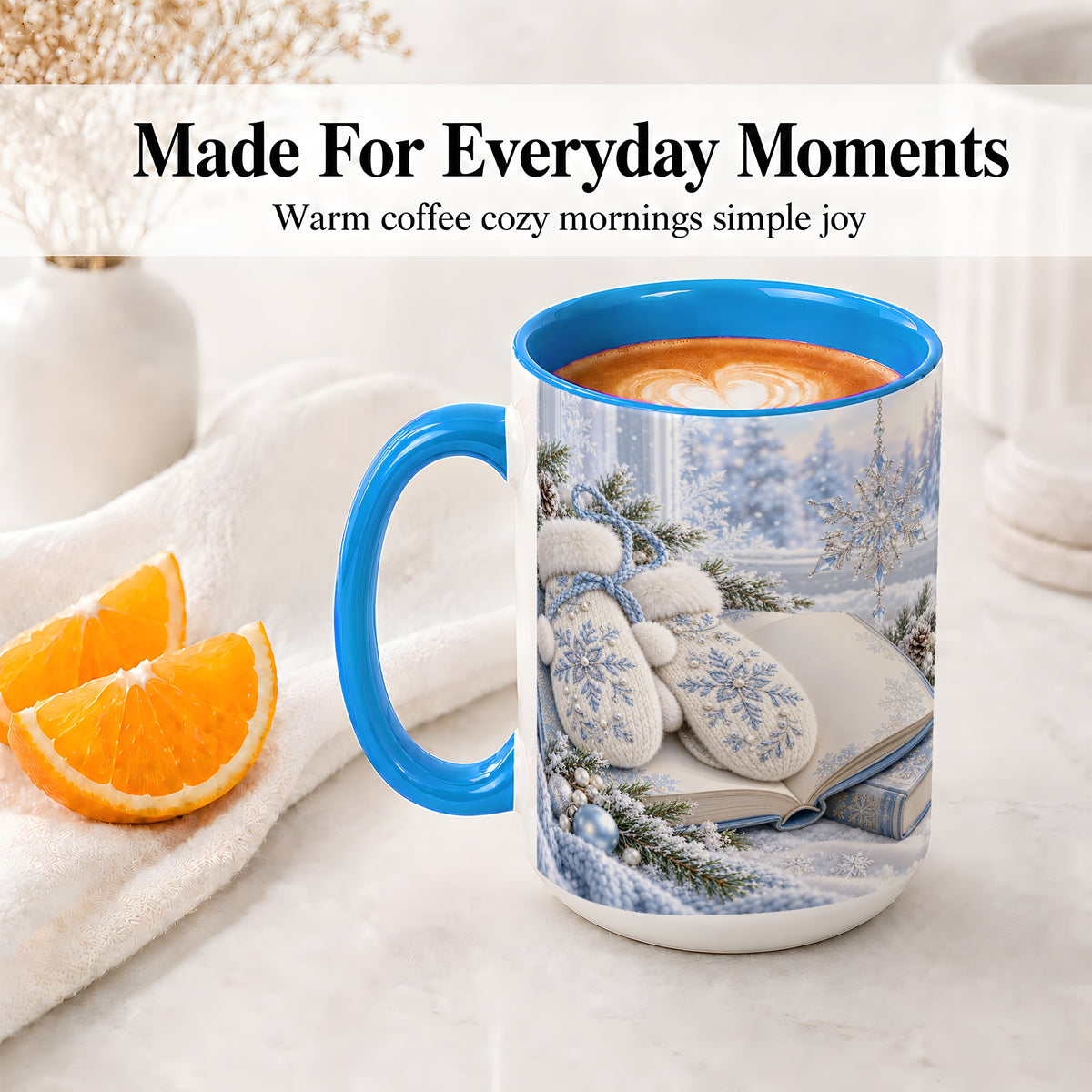 #pl[15oz|Blue] Winter Snowflake Mittens Accent Ceramic Mug, Blue Book Art