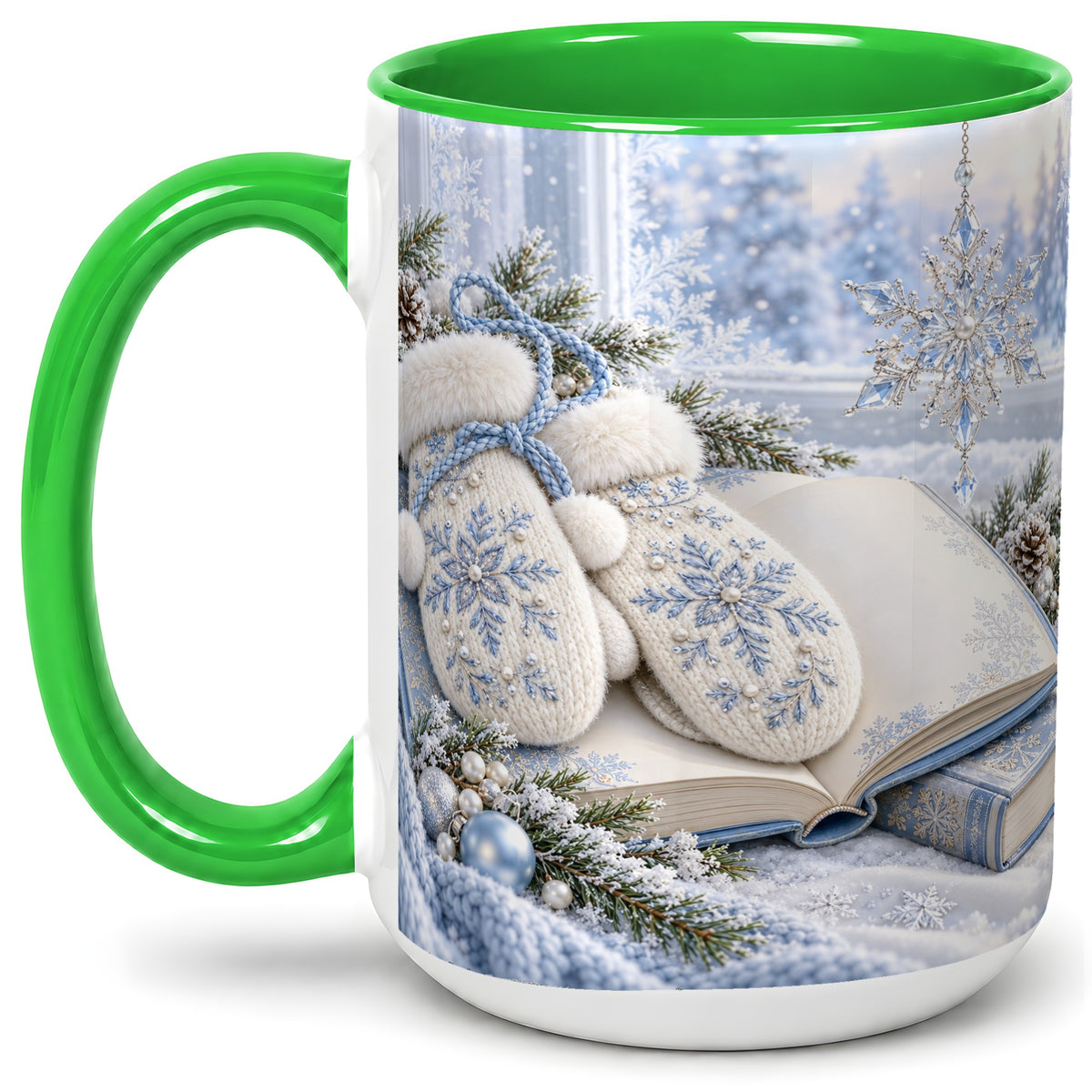 #pl[15oz|Green] Winter Snowflake Mittens Accent Ceramic Mug, Blue Book Art