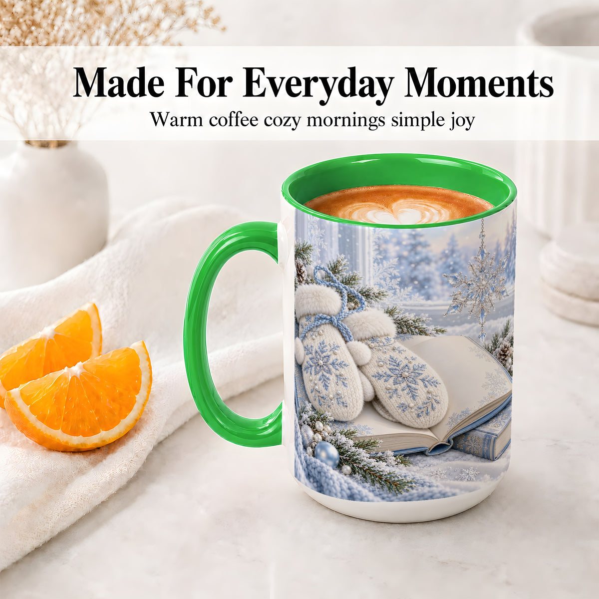 #pl[15oz|Green] Winter Snowflake Mittens Accent Ceramic Mug, Blue Book Art