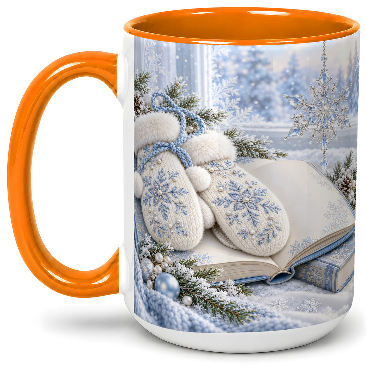 #pl[15oz|Orange] Winter Snowflake Mittens Accent Ceramic Mug, Blue Book Art
