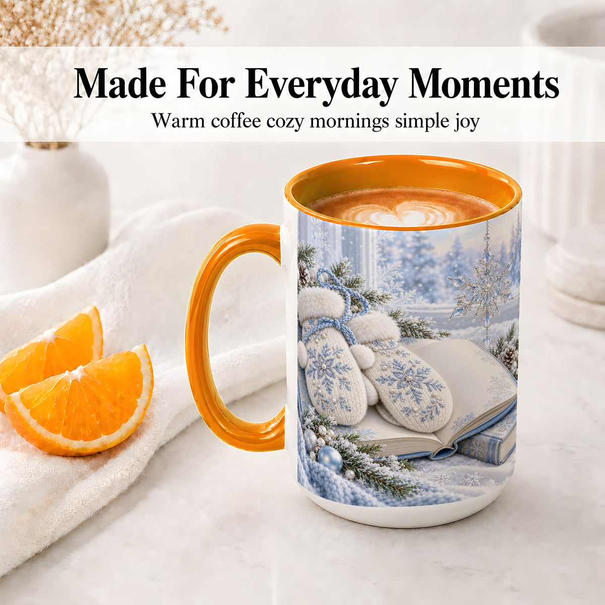 #pl[15oz|Orange] Winter Snowflake Mittens Accent Ceramic Mug, Blue Book Art
