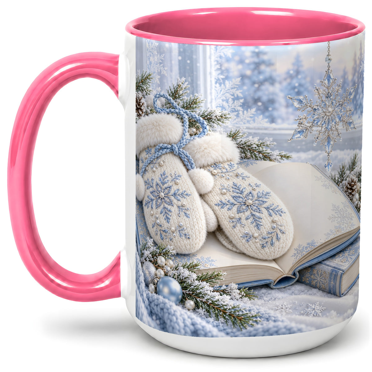 #pl[15oz|Pink] Winter Snowflake Mittens Accent Ceramic Mug, Blue Book Art