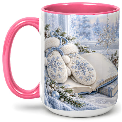 #pl[15oz|Pink] Winter Snowflake Mittens Accent Ceramic Mug, Blue Book Art