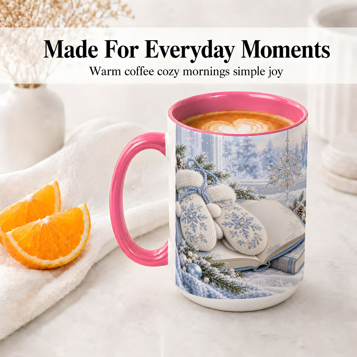 #pl[15oz|Pink] Winter Snowflake Mittens Accent Ceramic Mug, Blue Book Art