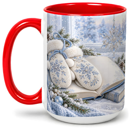 #pl[15oz|Red] Winter Snowflake Mittens Accent Ceramic Mug, Blue Book Art