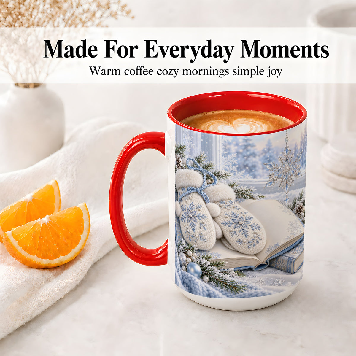 #pl[15oz|Red] Winter Snowflake Mittens Accent Ceramic Mug, Blue Book Art