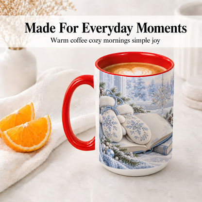 #pl[15oz|Red] Winter Snowflake Mittens Accent Ceramic Mug, Blue Book Art