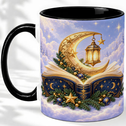 #pl[11oz|Black] Celestial Christmas Book Accent Ceramic Mug, Moon Lantern Art