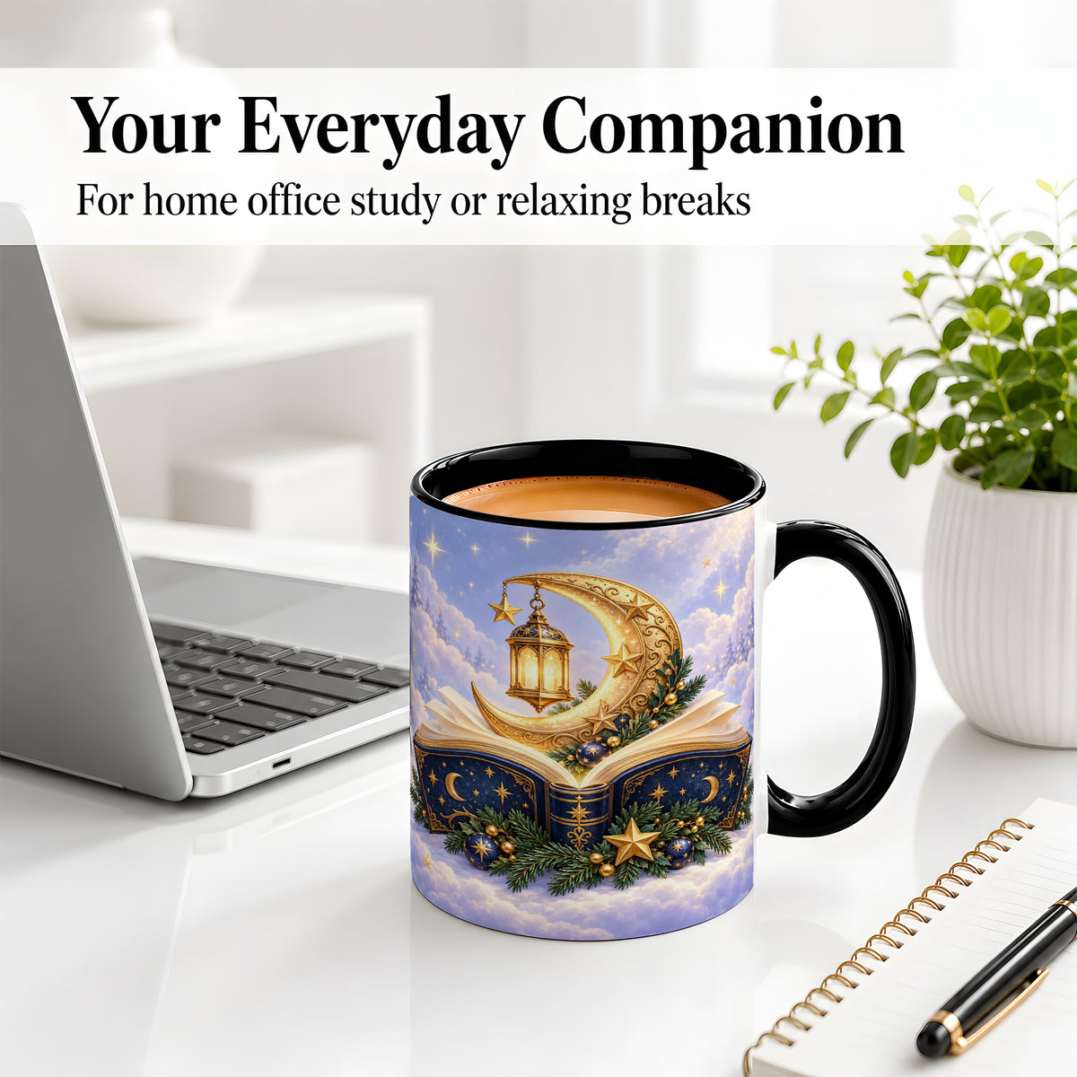#pl[11oz|Black] Celestial Christmas Book Accent Ceramic Mug, Moon Lantern Art