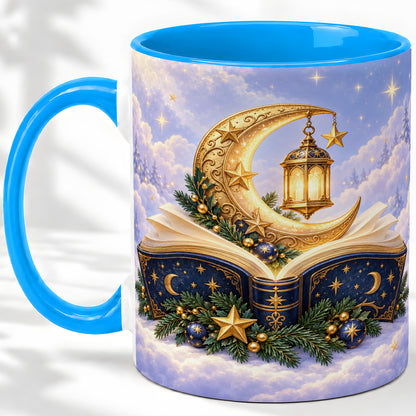 #pl[11oz|Blue] Celestial Christmas Book Accent Ceramic Mug, Moon Lantern Art