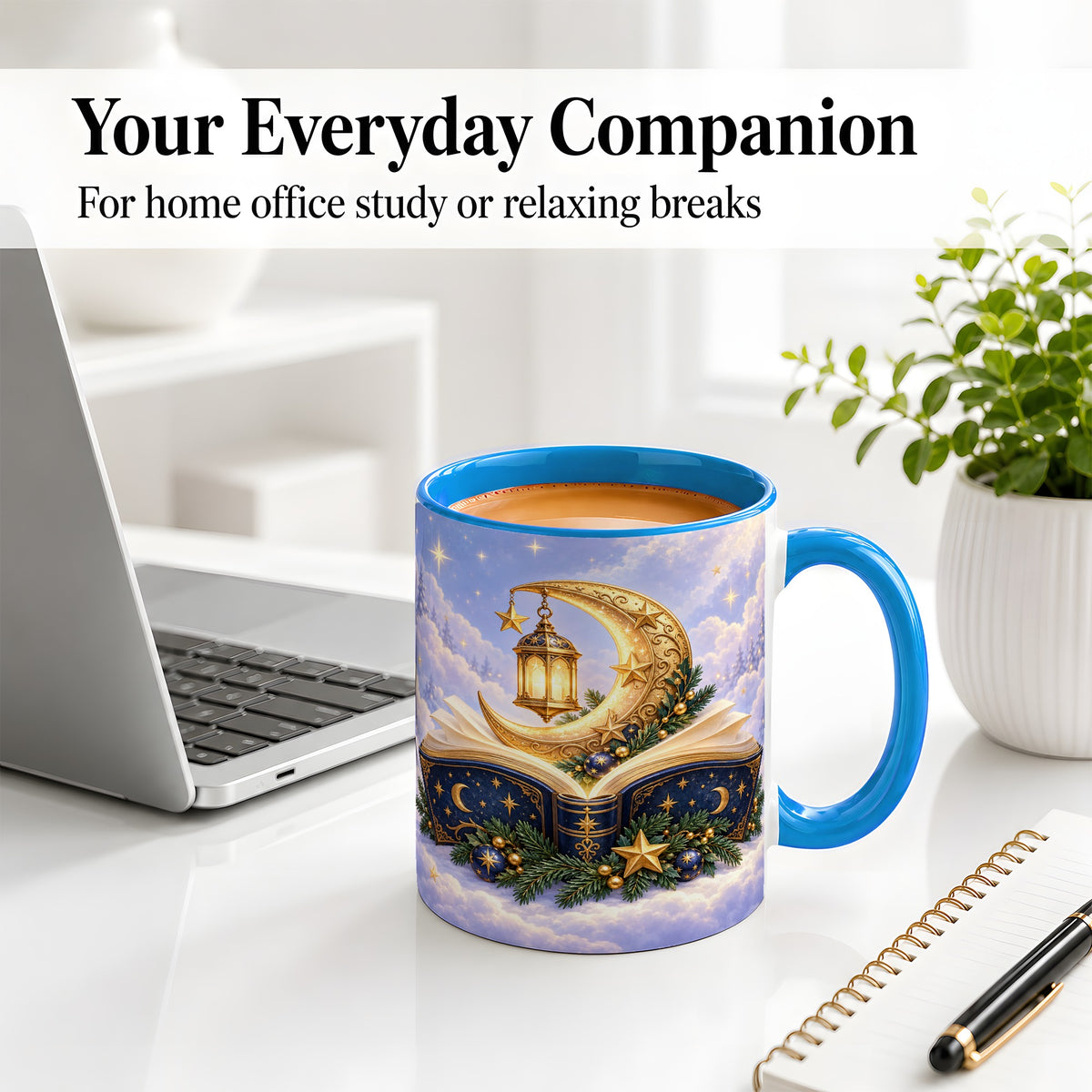 #pl[11oz|Blue] Celestial Christmas Book Accent Ceramic Mug, Moon Lantern Art