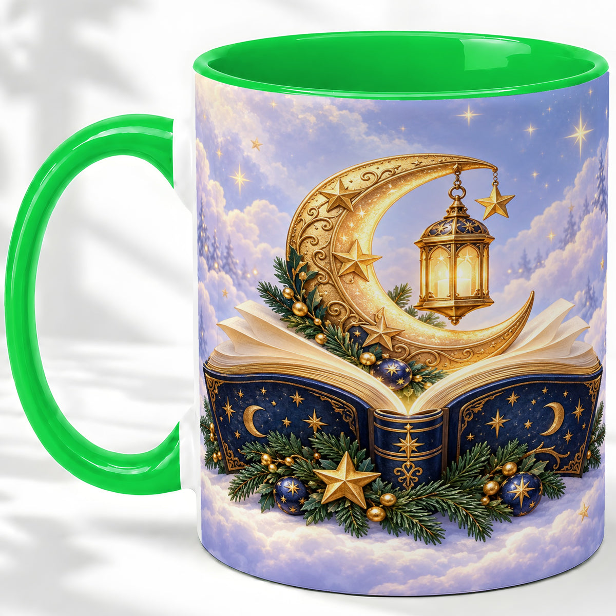 #pl[11oz|Green] Celestial Christmas Book Accent Ceramic Mug, Moon Lantern Art