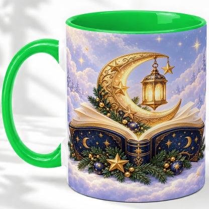 #pl[11oz|Green] Celestial Christmas Book Accent Ceramic Mug, Moon Lantern Art