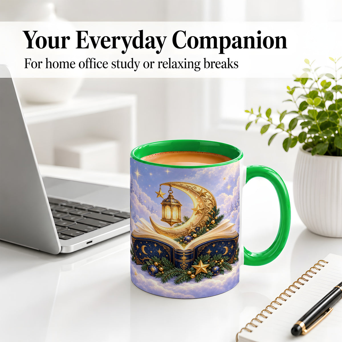 #pl[11oz|Green] Celestial Christmas Book Accent Ceramic Mug, Moon Lantern Art