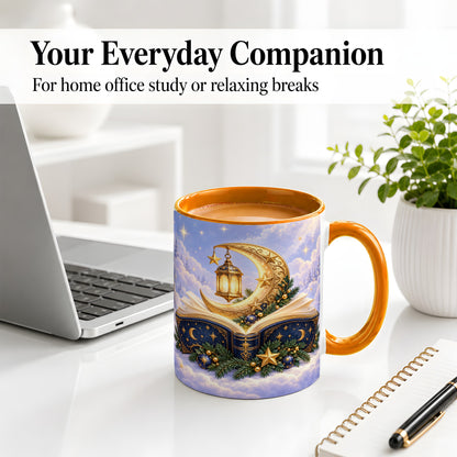 #pl[11oz|Orange] Celestial Christmas Book Accent Ceramic Mug, Moon Lantern Art