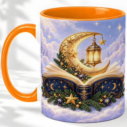 #pl[11oz|Orange] Celestial Christmas Book Accent Ceramic Mug, Moon Lantern Art