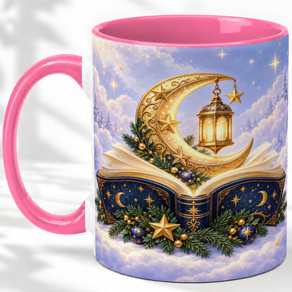 #pl[11oz|Pink] Celestial Christmas Book Accent Ceramic Mug, Moon Lantern Art