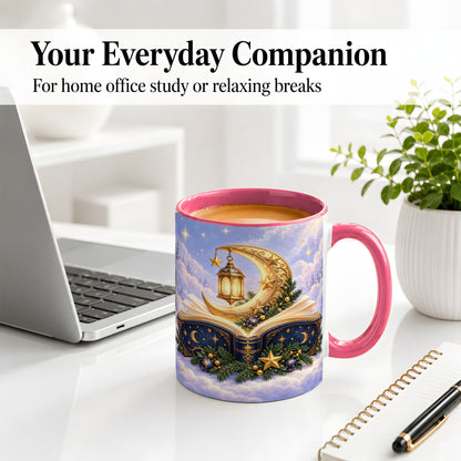 #pl[11oz|Pink] Celestial Christmas Book Accent Ceramic Mug, Moon Lantern Art