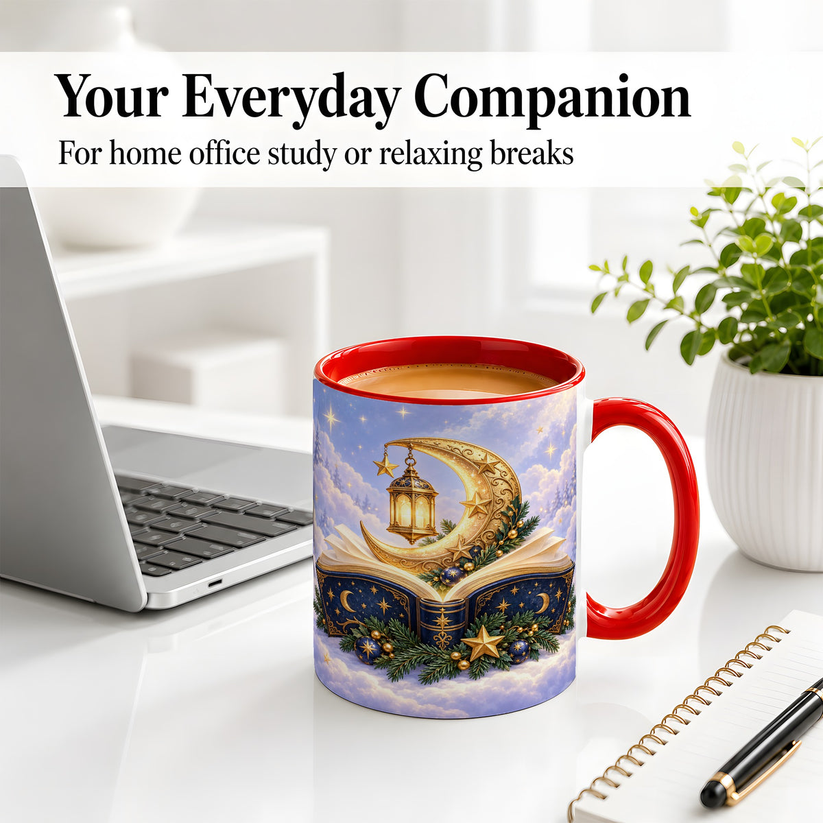 #pl[11oz|Red] Celestial Christmas Book Accent Ceramic Mug, Moon Lantern Art